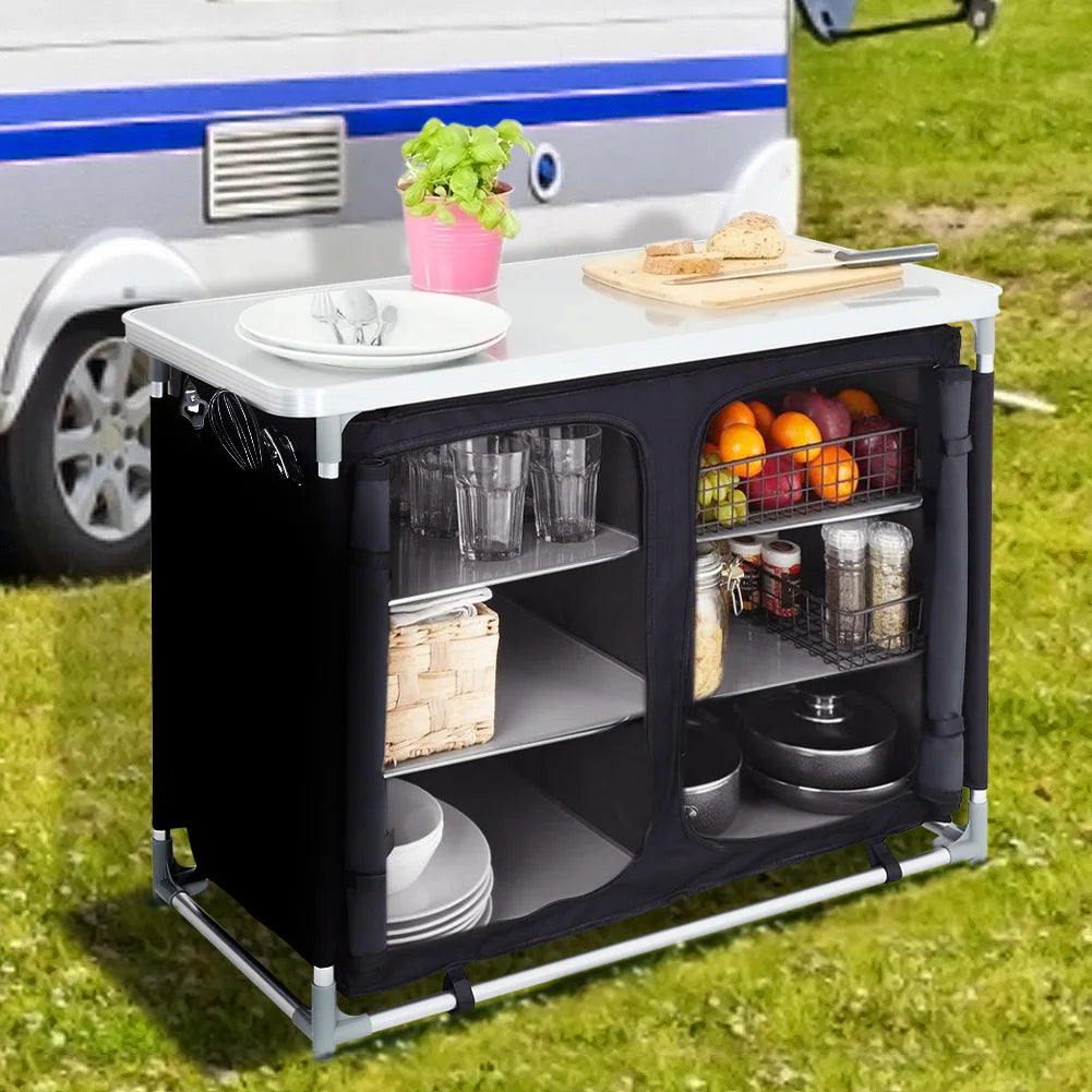 Outdoor Camping Kitchen Dining Table, Outdoor Cooking Table, Portable Kitchen Storage Cabinet Foldable Cabinet