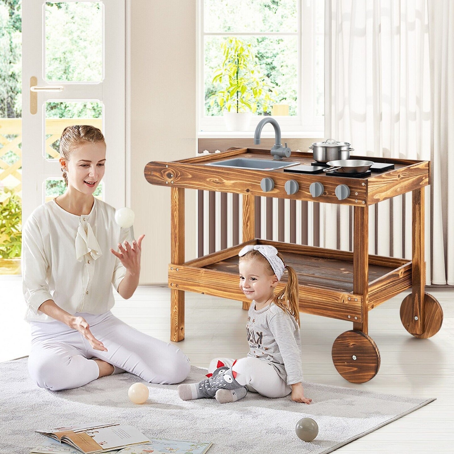 COSTWAY Kids Outdoor Movable Kitchen Robust Toddlers Educational Play Kitchen