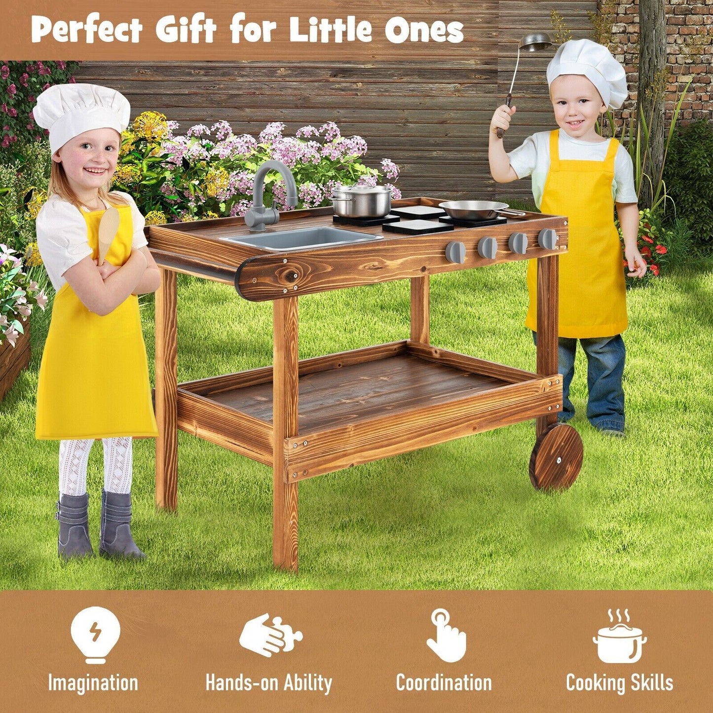 COSTWAY Kids Outdoor Movable Kitchen Robust Toddlers Educational Play Kitchen