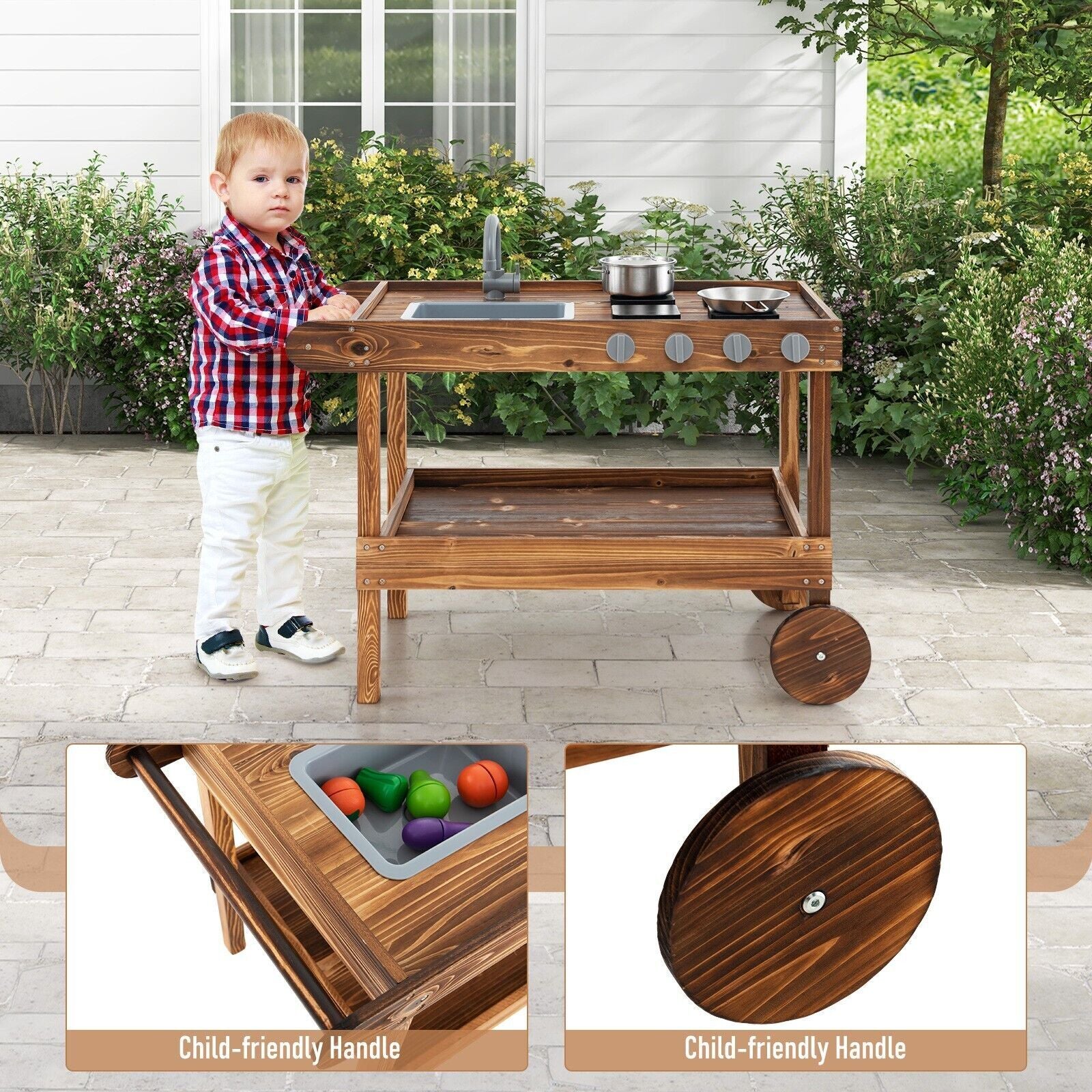 COSTWAY Kids Outdoor Movable Kitchen Robust Toddlers Educational Play Kitchen
