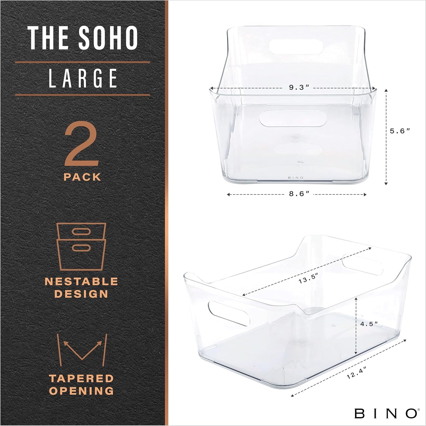 | Plastic Storage Bins, Large - 2 Pack, Clear | the SOHO COLLECTION | Pantry Organizers and Storage Containers | Fridge Organizer Bins | Kitchen Cabinet Organizer | Medicine Cabinet Bin