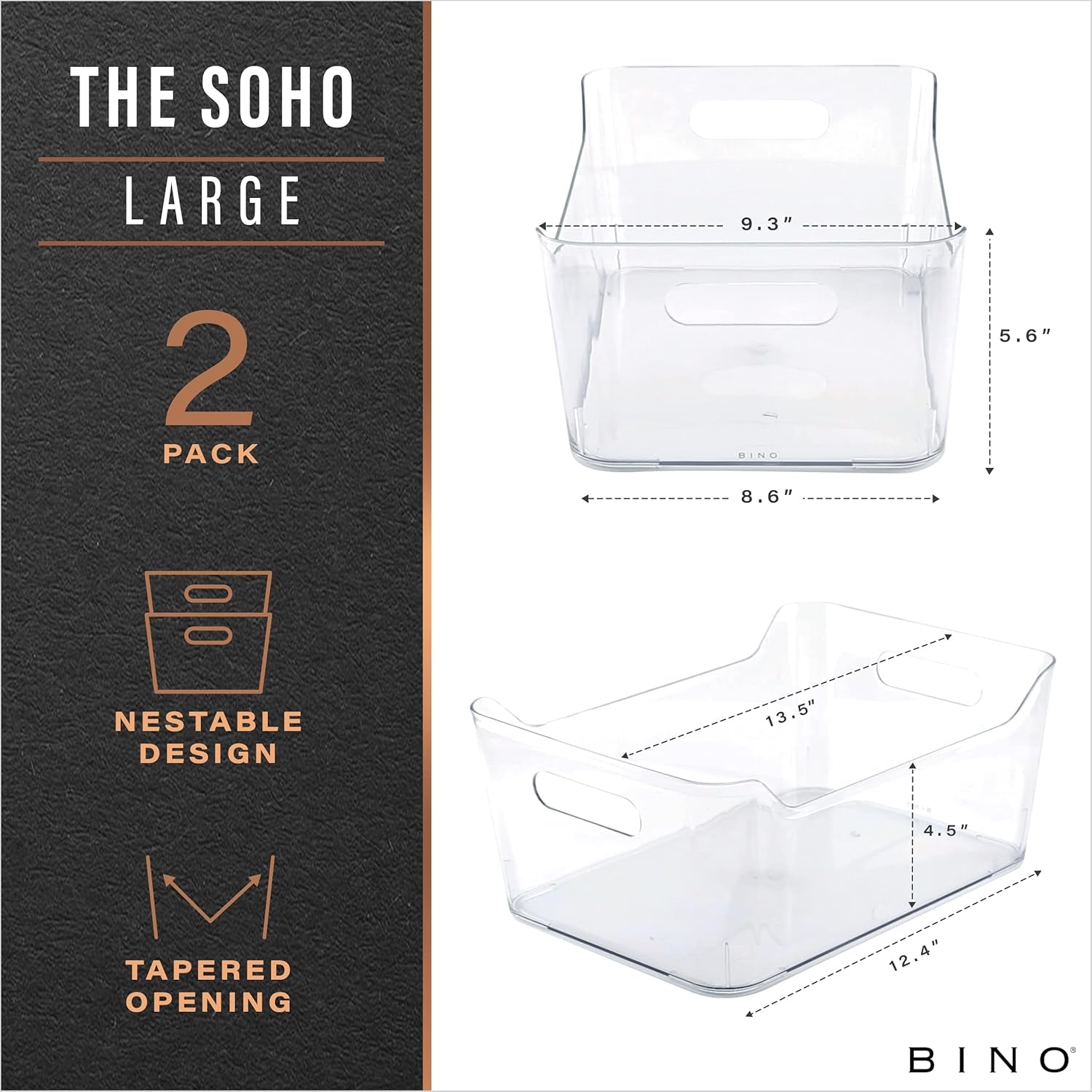 | Plastic Storage Bins, Large - 2 Pack, Clear | the SOHO COLLECTION | Pantry Organizers and Storage Containers | Fridge Organizer Bins | Kitchen Cabinet Organizer | Medicine Cabinet Bin