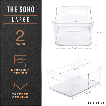| Plastic Storage Bins, Large - 2 Pack, Clear | the SOHO COLLECTION | Pantry Organizers and Storage Containers | Fridge Organizer Bins | Kitchen Cabinet Organizer | Medicine Cabinet Bin
