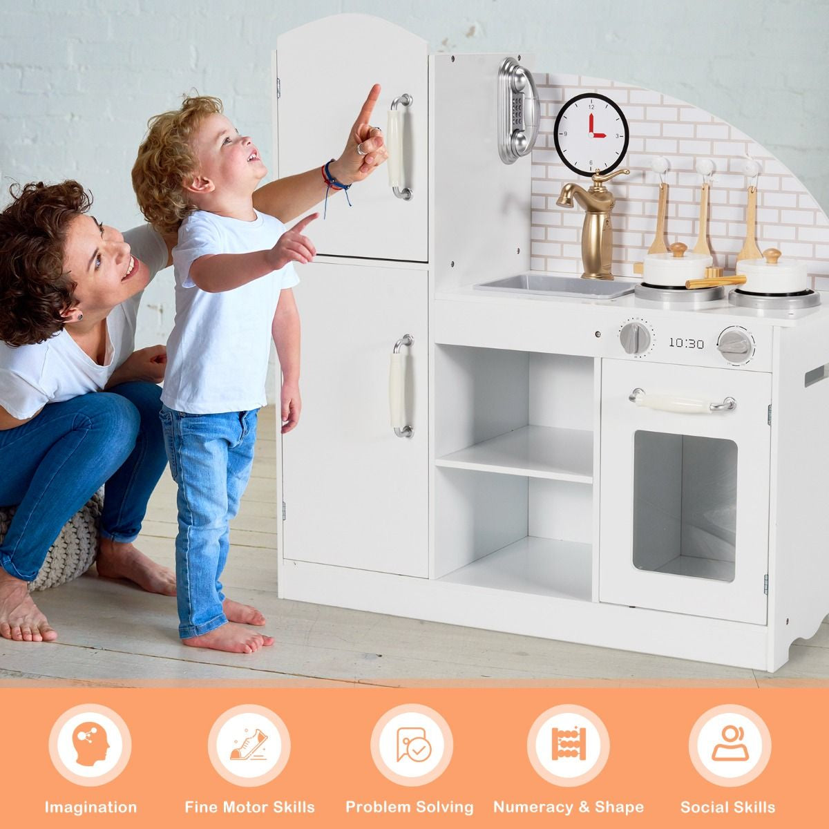 Wooden Kitchen Playset with Cookware Accessories and Faucet
