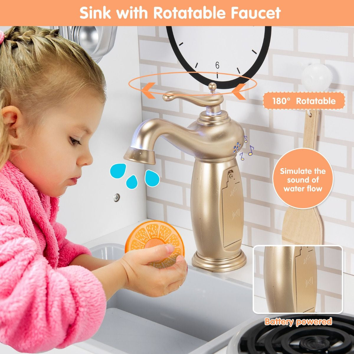 Wooden Kitchen Playset with Cookware Accessories and Faucet