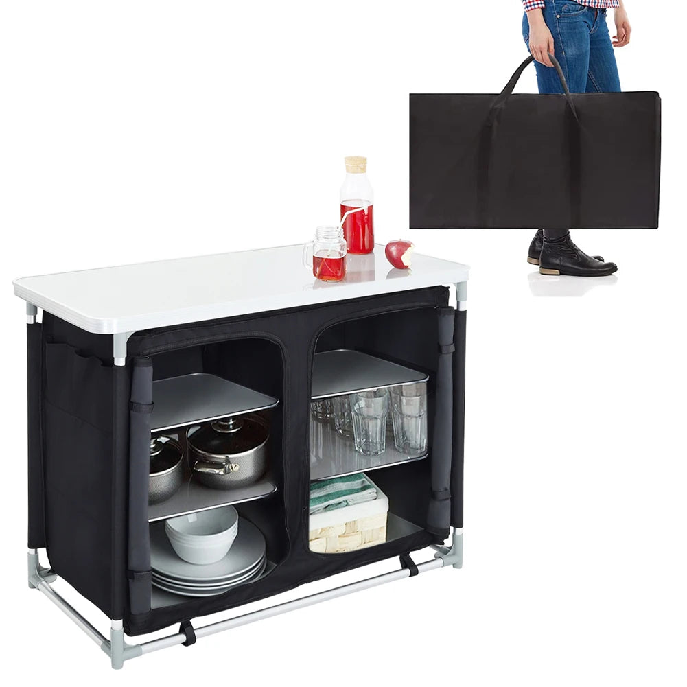 Outdoor Camping Kitchen Dining Table, Outdoor Cooking Table, Portable Kitchen Storage Cabinet Foldable Cabinet
