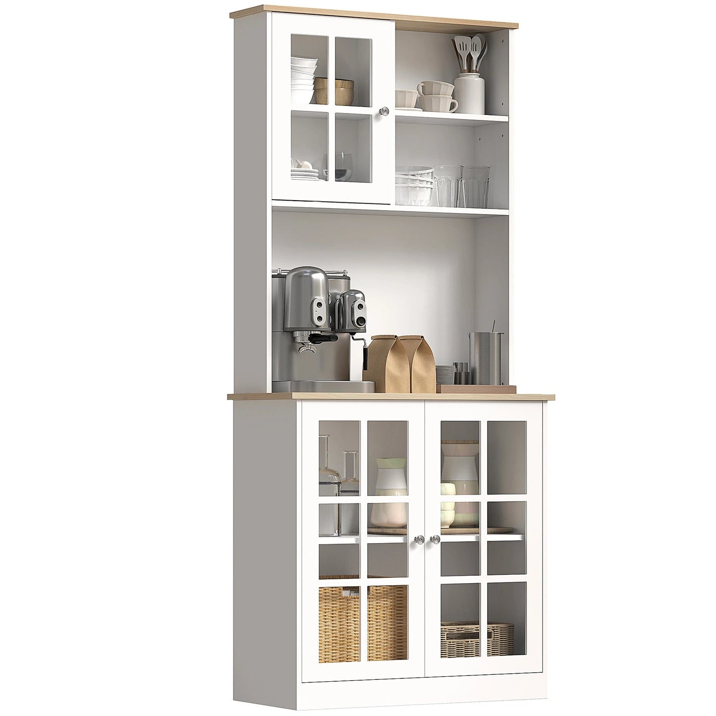 72" Kitchen Solid Storage Sideboard Cabinet with Glass Door, White