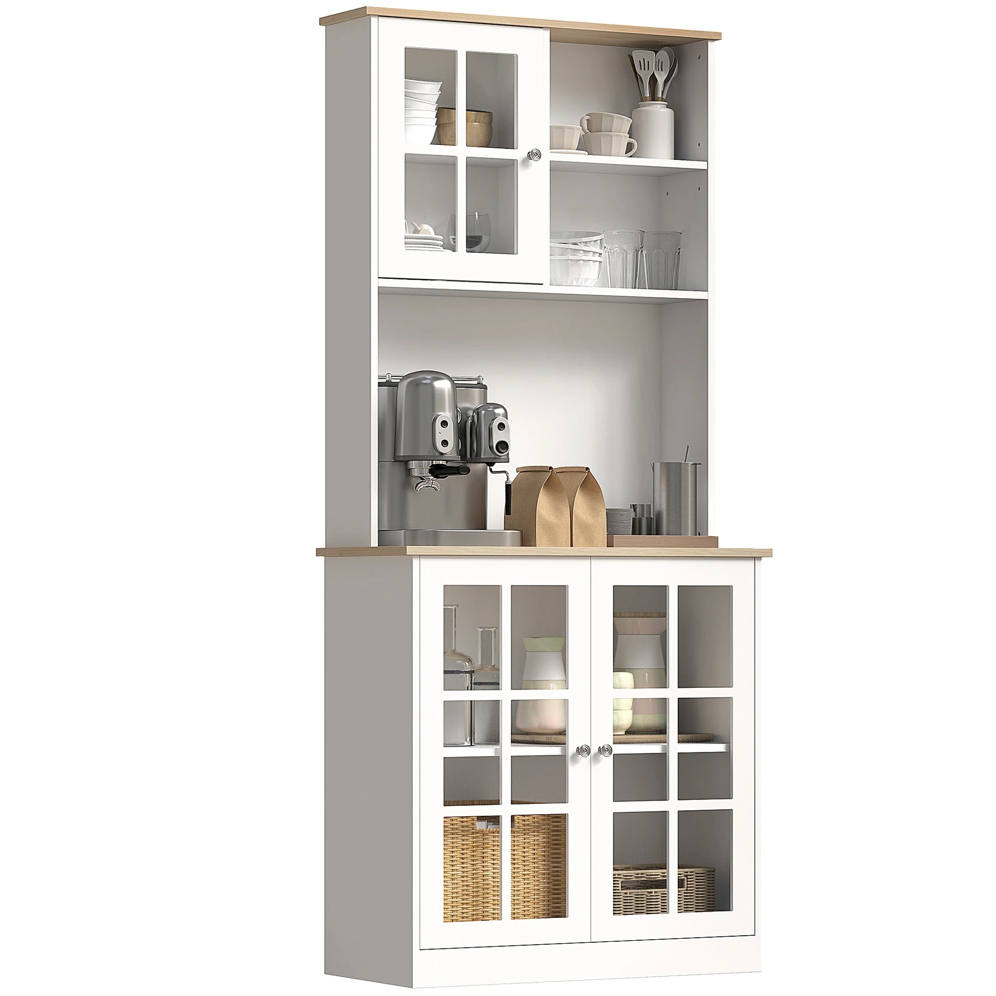 72" Kitchen Solid Storage Sideboard Cabinet with Glass Door, White