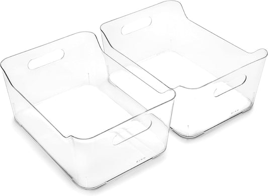 | Plastic Storage Bins, Large - 2 Pack, Clear | the SOHO COLLECTION | Pantry Organizers and Storage Containers | Fridge Organizer Bins | Kitchen Cabinet Organizer | Medicine Cabinet Bin