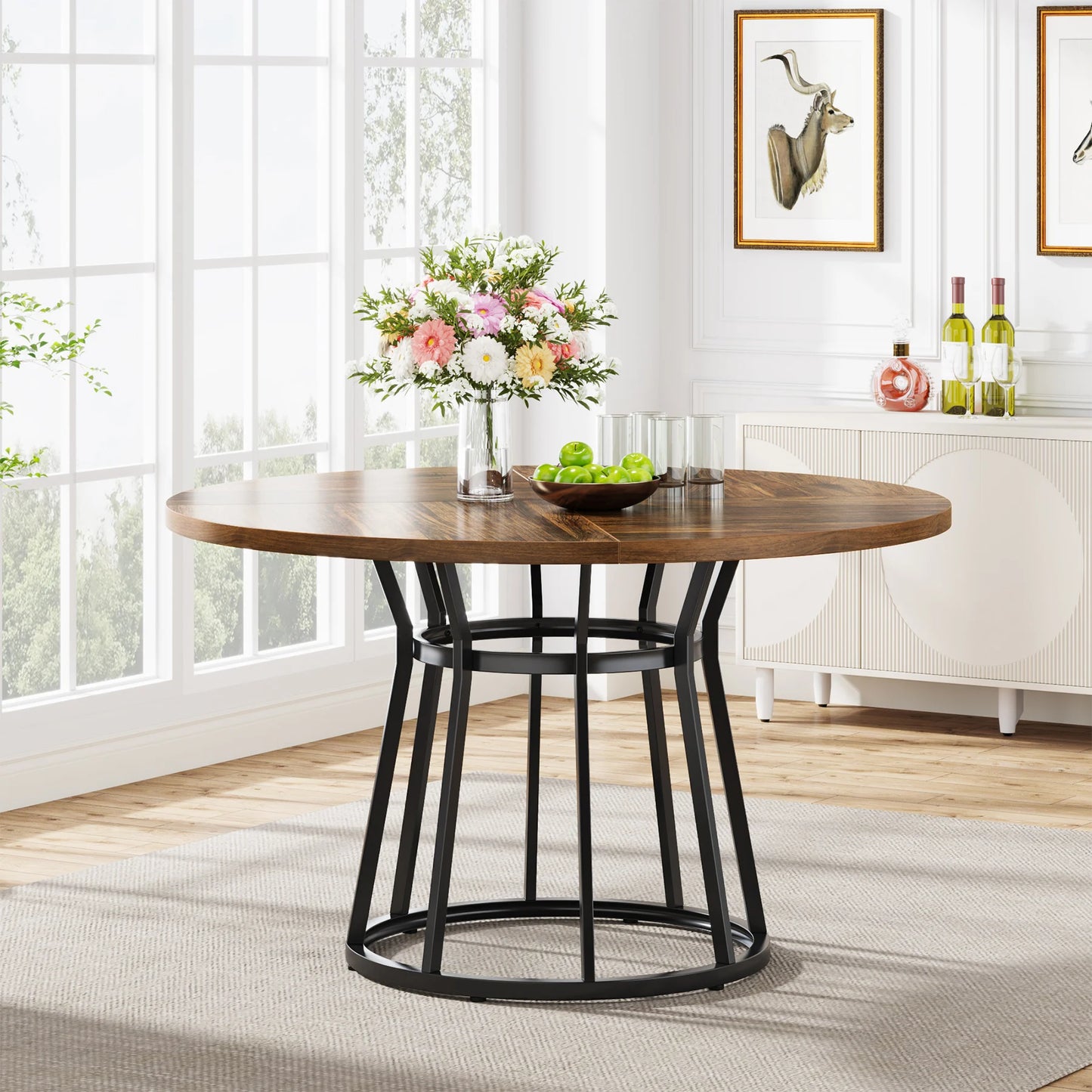 round Dining Table for 4 People, Circle Dining Room Table with Metal Base, 47.2-Inch round Kitchen Dinner Table