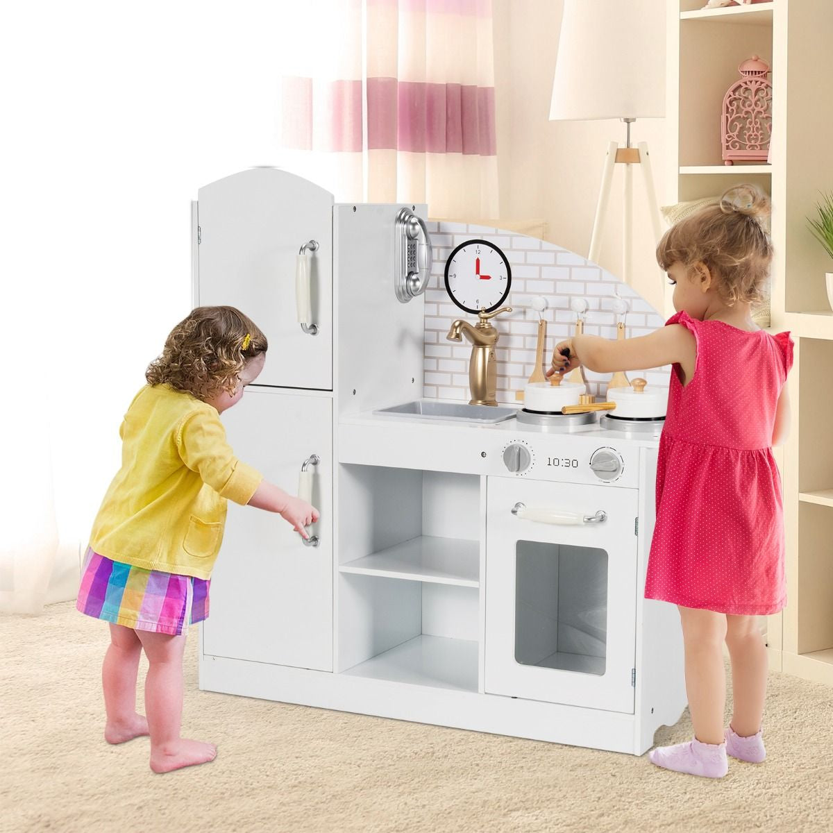 Wooden Kitchen Playset with Cookware Accessories and Faucet