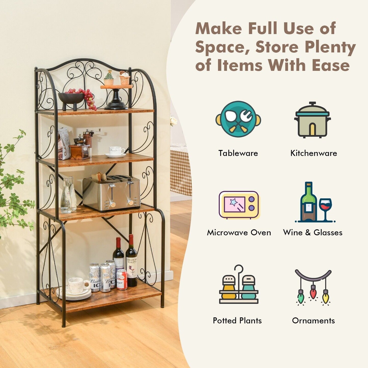 4-Tier Industrial Kitchen Frreestanding Baker Rack