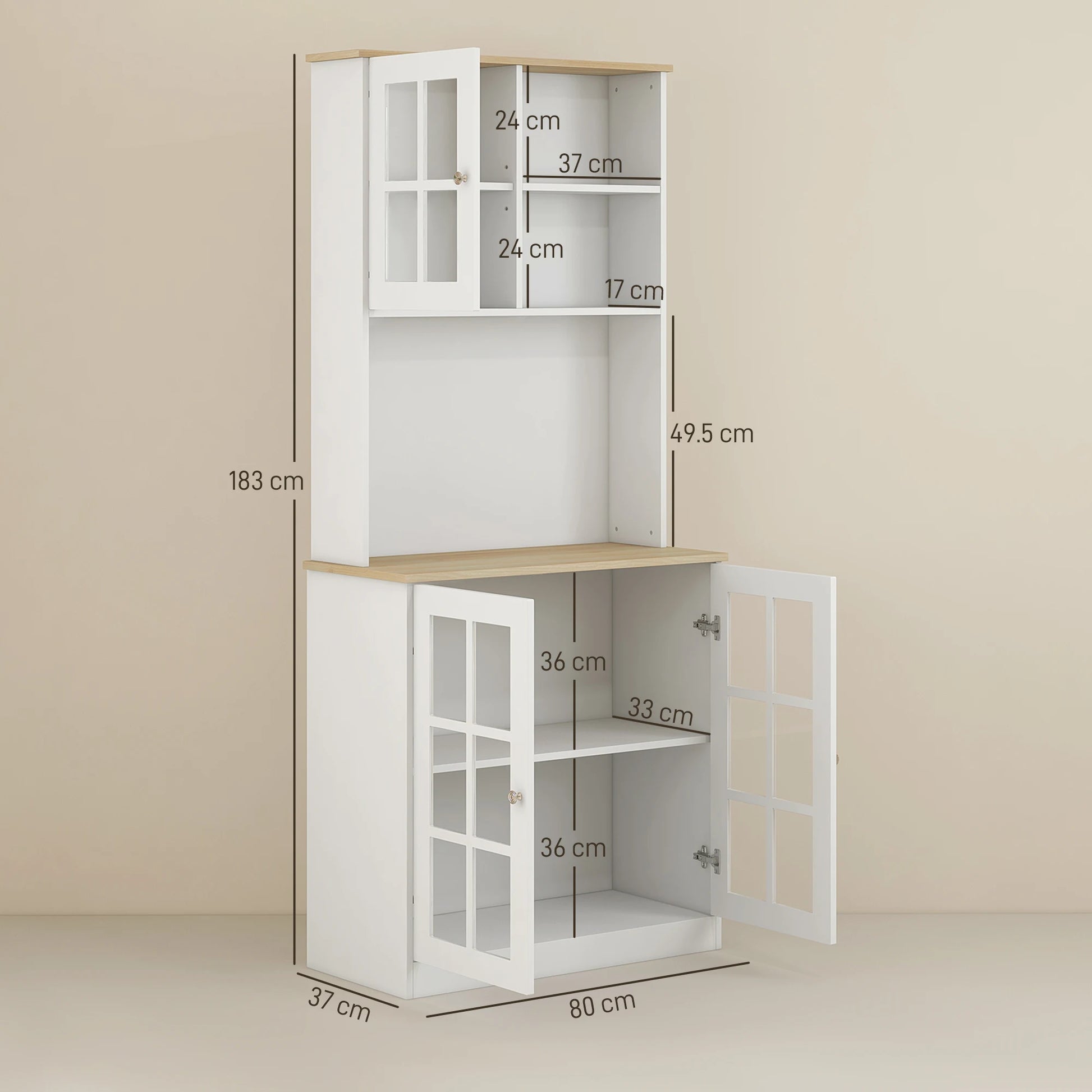 72" Kitchen Solid Storage Sideboard Cabinet with Glass Door, White