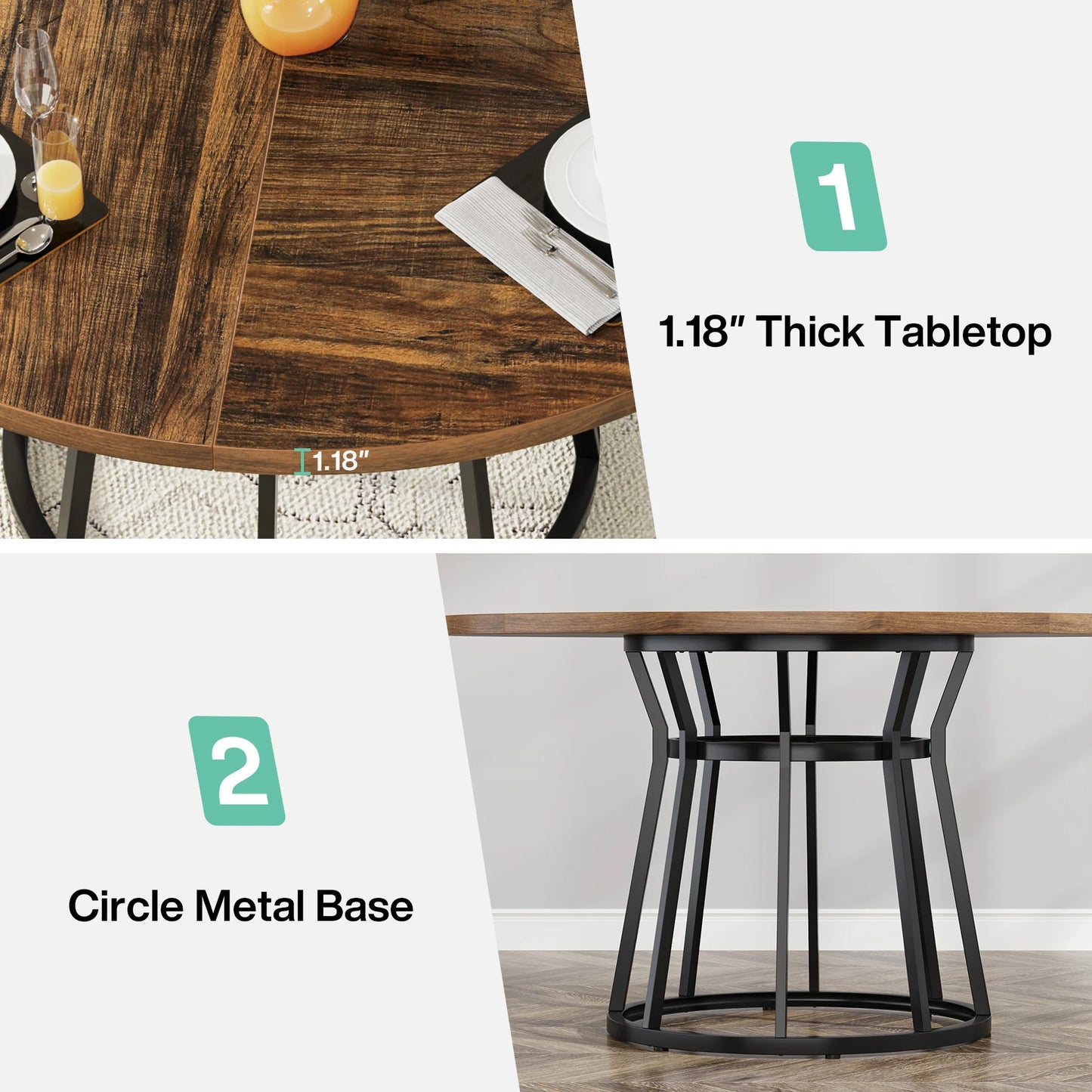 round Dining Table for 4 People, Circle Dining Room Table with Metal Base, 47.2-Inch round Kitchen Dinner Table
