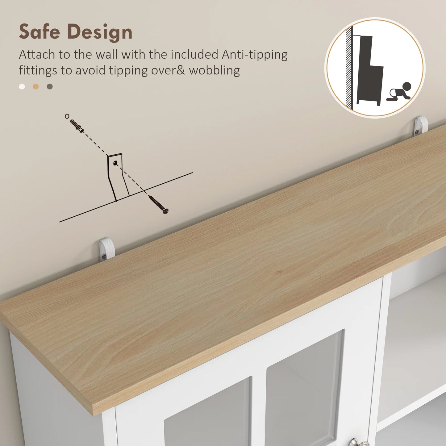 72" Kitchen Solid Storage Sideboard Cabinet with Glass Door, White