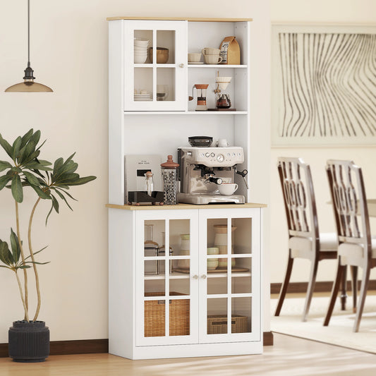 72" Kitchen Solid Storage Sideboard Cabinet with Glass Door, White