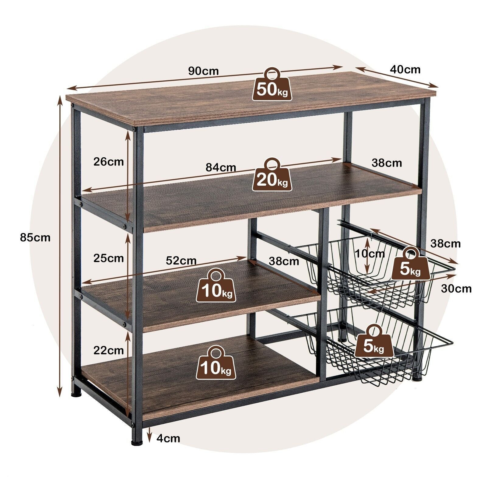 Industrial Kitchen Baker'S Rack with 2 Wire Baskets