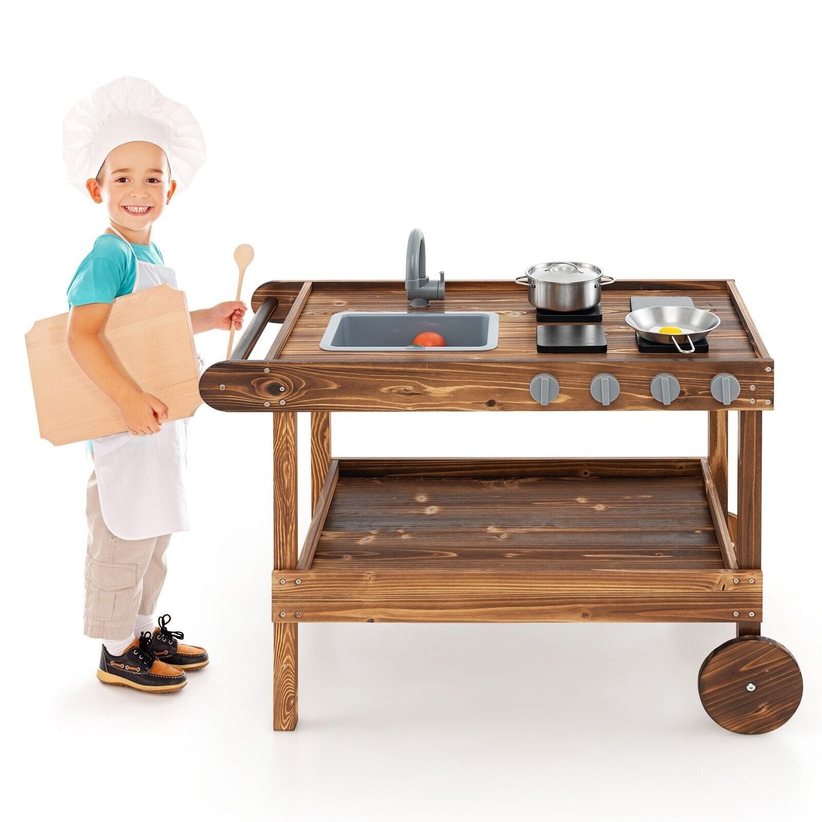 COSTWAY Kids Outdoor Movable Kitchen Robust Toddlers Educational Play Kitchen
