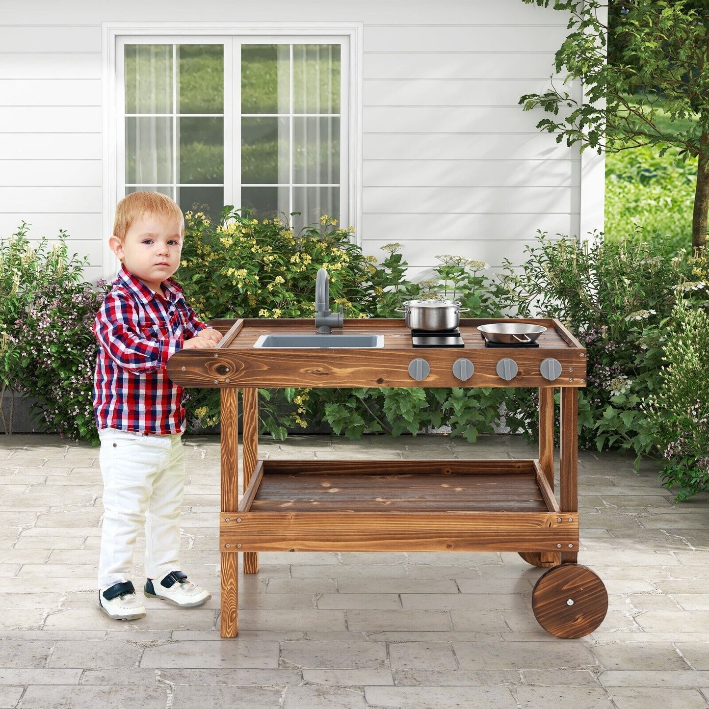 COSTWAY Kids Outdoor Movable Kitchen Robust Toddlers Educational Play Kitchen