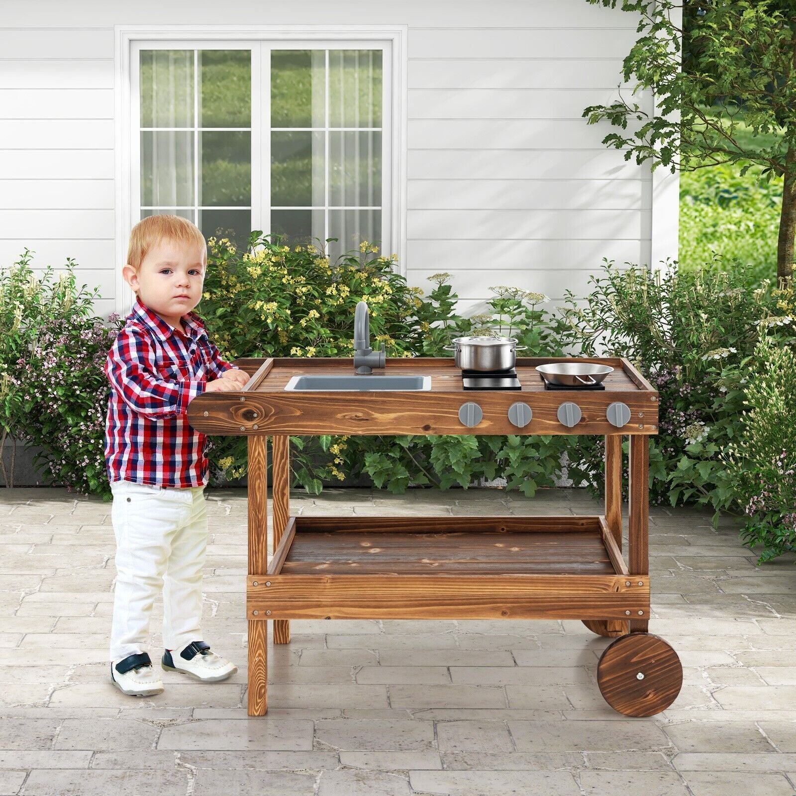 COSTWAY Kids Outdoor Movable Kitchen Robust Toddlers Educational Play Kitchen