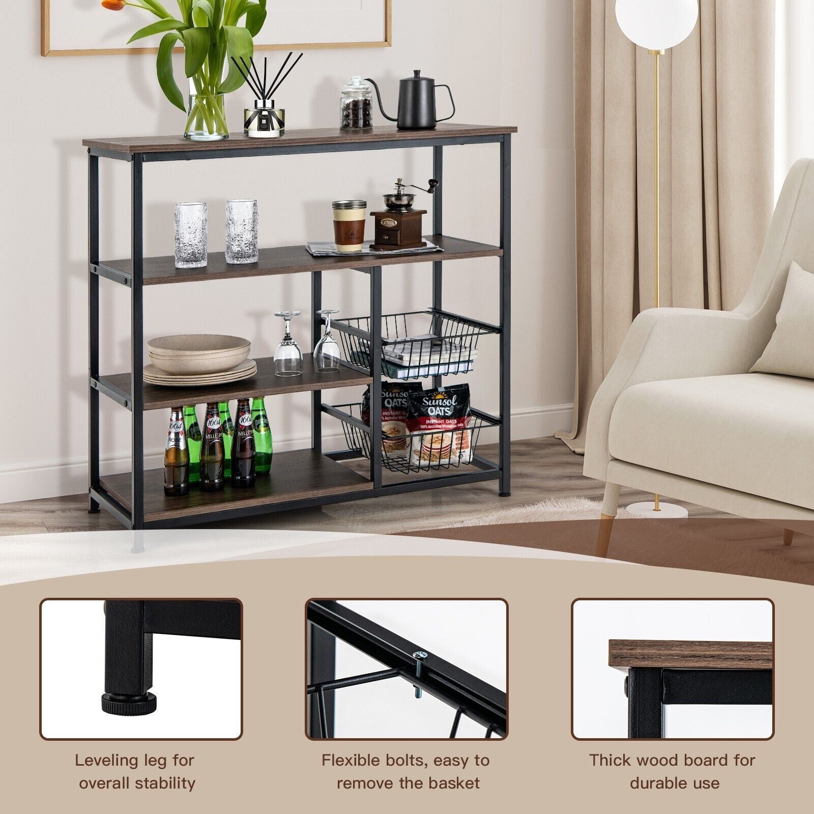 Industrial Kitchen Baker'S Rack with 2 Wire Baskets