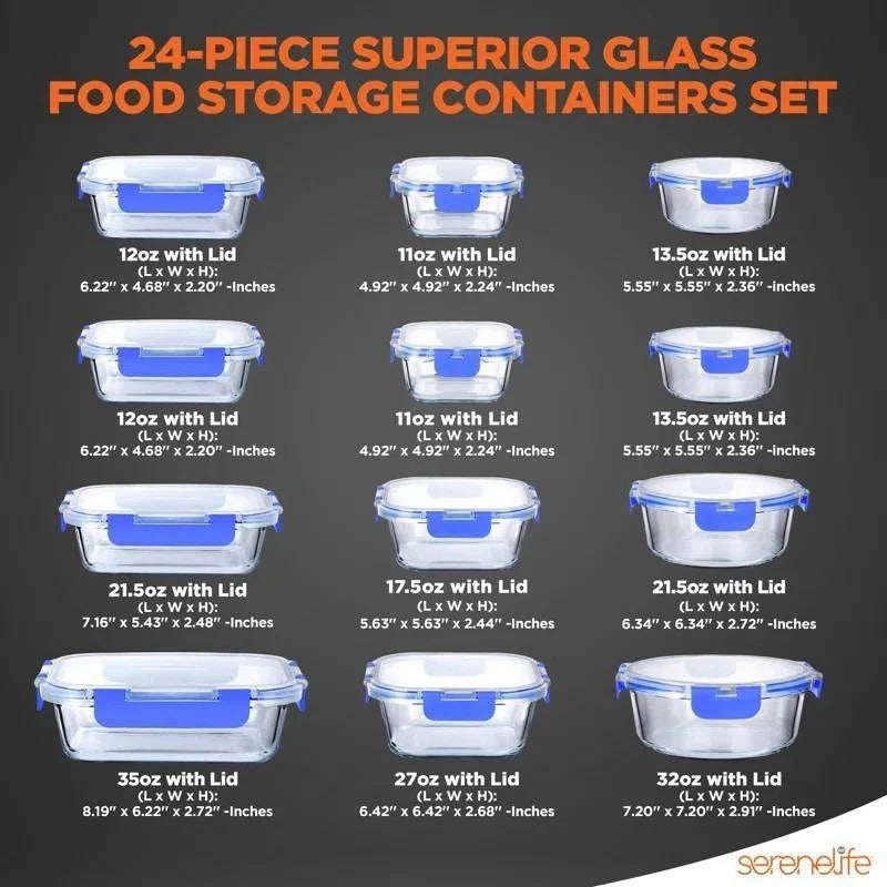 24-Piece Glass Food Storage & Bakeware Set – Oven-Safe Containers with Snap Locking Lids