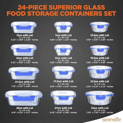 24-Piece Glass Food Storage & Bakeware Set – Oven-Safe Containers with Snap Locking Lids